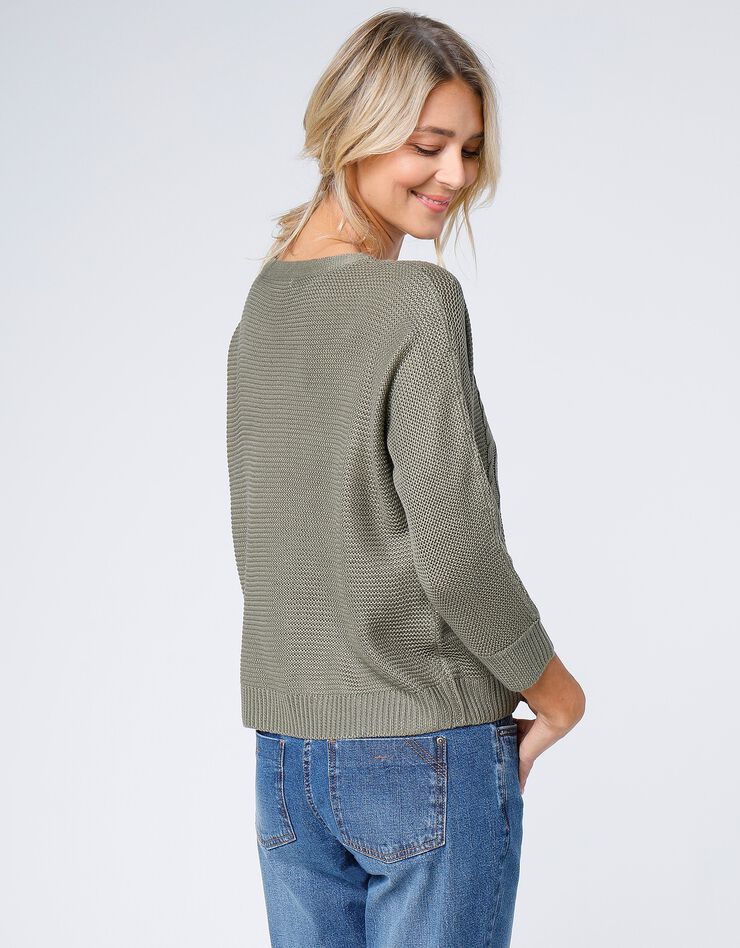 Pull torsadé manches 3/4, spécial petites (kaki) Pull torsadé manches 3/4, spécial petites (kaki)