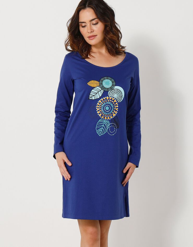 Chemise de nuit courte manches longues motif « rosace » (bleu dur)