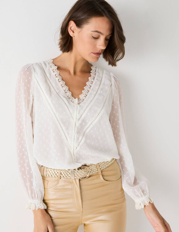 Chemisier voile plumetis, détails macramé (écru)