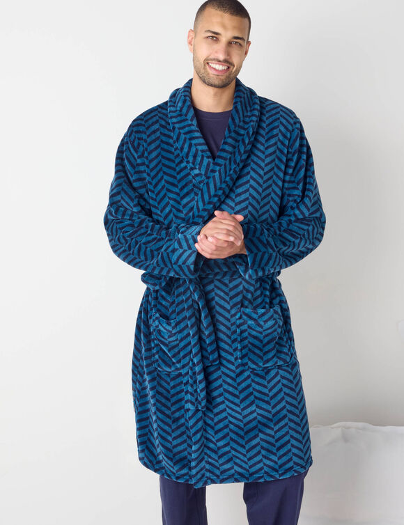 Robe de chambre polaire toucher peluche imprimé chevrons (bleu pétrole)