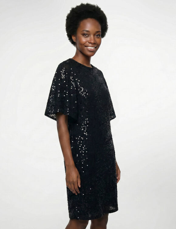 Robe housse &agrave; sequins, manches coudes &eacute;vas&eacute;es (noir / noir)