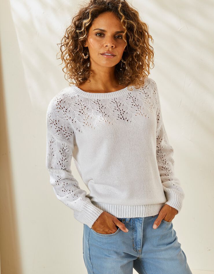 Pull manches longues blousantes, maille ajourée toucher mohair (blanc) Pull manches longues blousantes, maille ajourée toucher mohair (blanc)