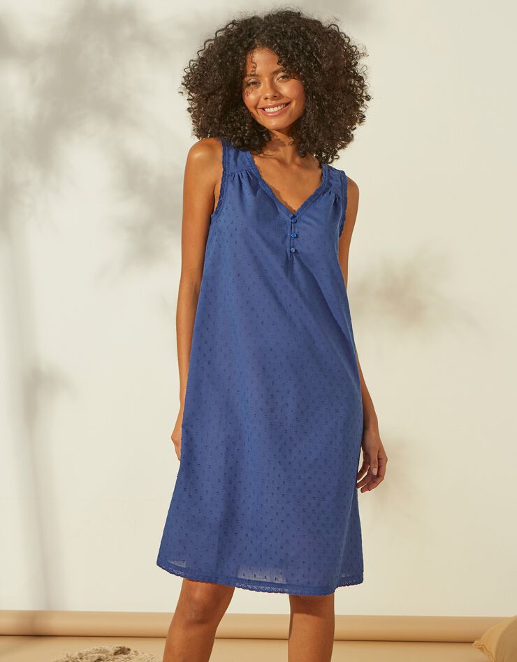 Chemise de nuit légère en voile de coton effet plumetis - sans manches (bleu) Chemise de nuit légère en voile de coton effet plumetis - sans manches (bleu)