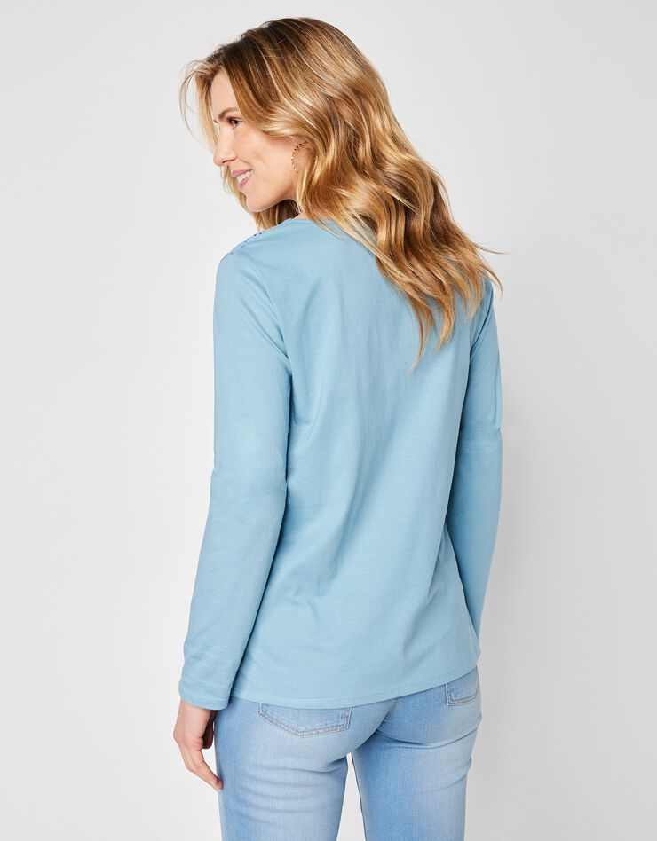 Tee-shirt manches longues, empiècement broderie anglaise (bleu grisé) Tee-shirt manches longues, empiècement broderie anglaise (bleu grisé)