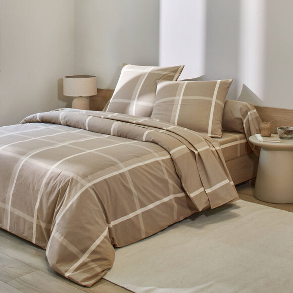 Linge de lit César en coton imprimé carreaux (beige)