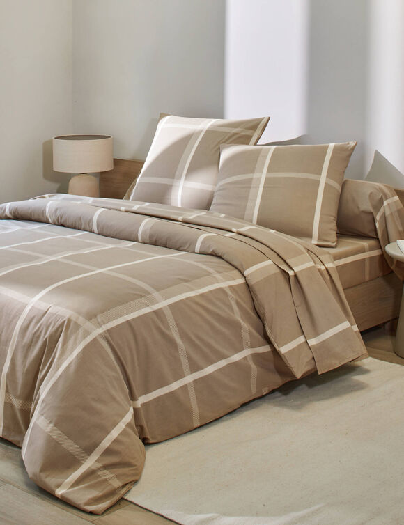 Linge de lit César en coton imprimé carreaux (beige)