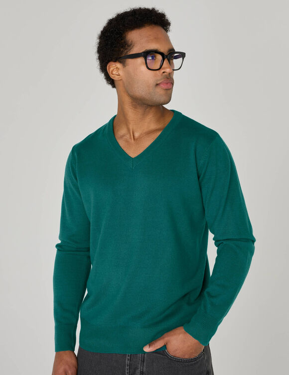 Pull uni col V (vert sapin)