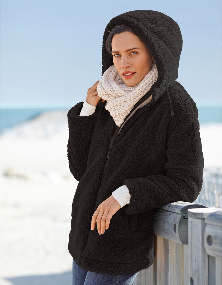 Manteau bouclette à capuche zippé (noir) Manteau bouclette à capuche zippé (noir)