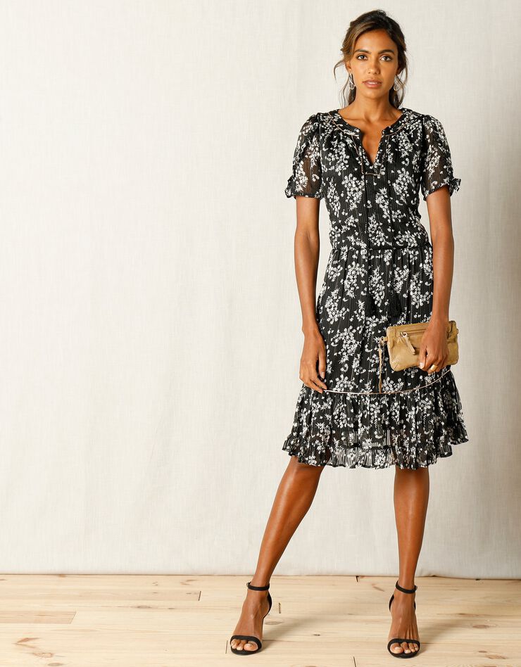 Robe imprimé floral, voile jacquard (noir / blanc)