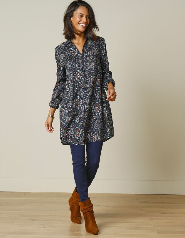 Tunique longue col chemise, imprimé cachemire (marine / tomette)