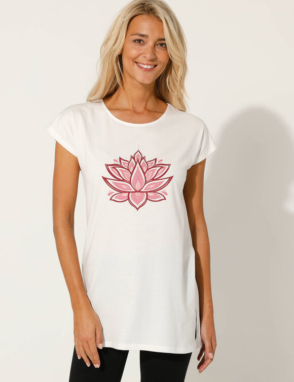 T-shirt tunique, imprimé placé (écru / rose)