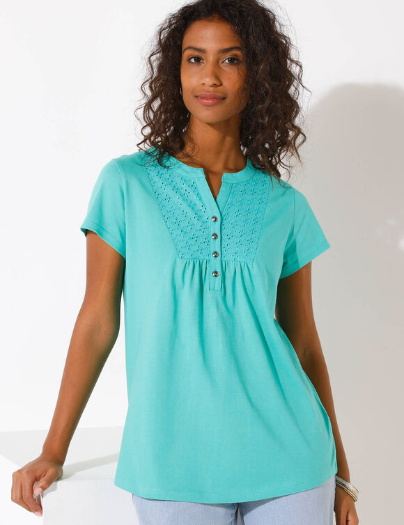 T-shirt col tunisien manches courtes, broderie anglaise (vert menthe)