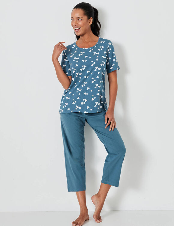 Pyjama court imprimé cœurs (émeraude / blanc)