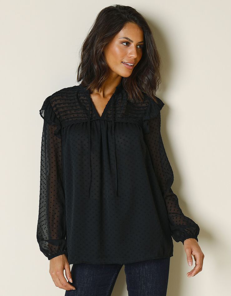 Blouse plumetis, macramé et volants (noir) Blouse plumetis, macramé et volants (noir)