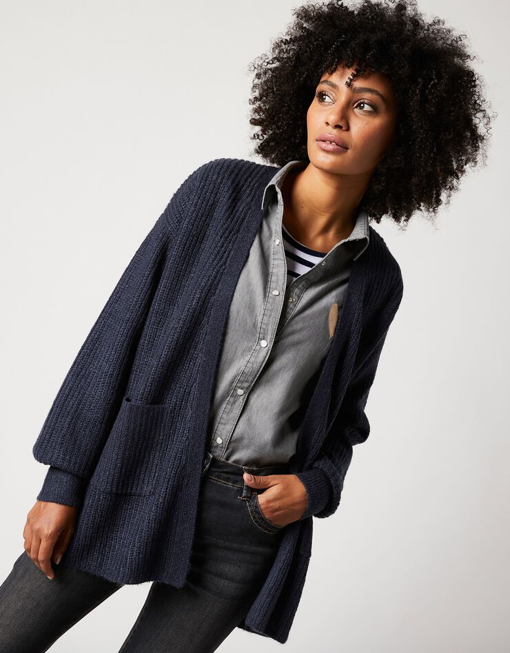 Gilet long porter ouvert, maille anglaise toucher mohair (marine)