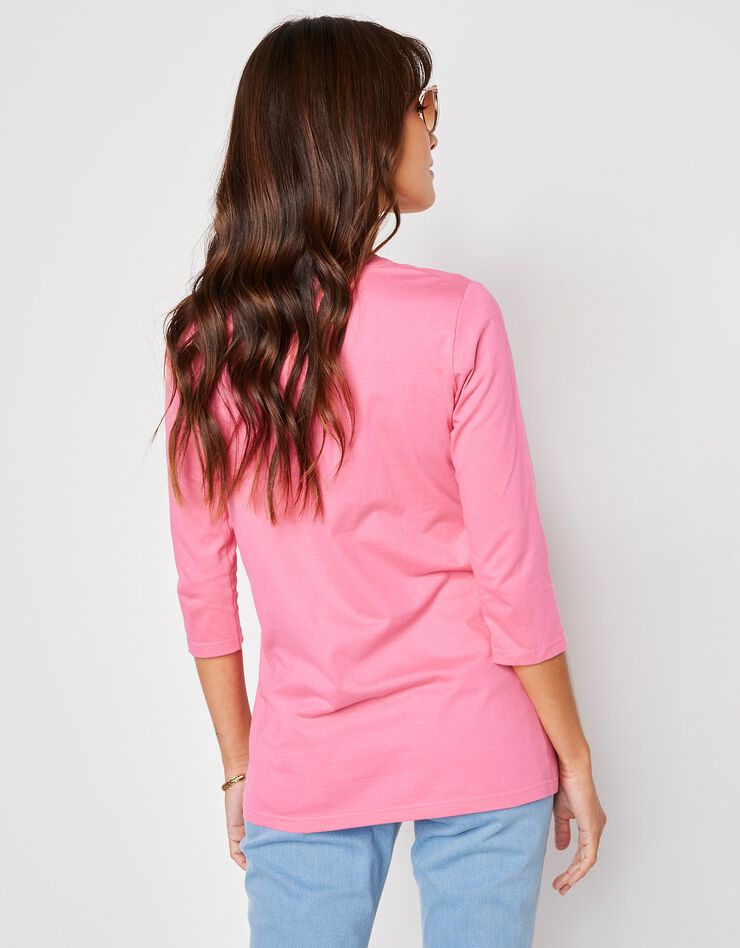 Tee-shirt manches 3/4 col rond uni coton (rose) Tee-shirt manches 3/4 col rond uni coton (rose)