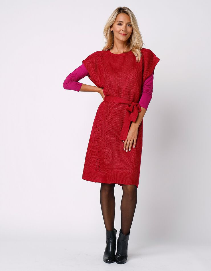 Robe manches courtes ceinturée - toucher mohair (cerise) Robe manches courtes ceinturée - toucher mohair (cerise)