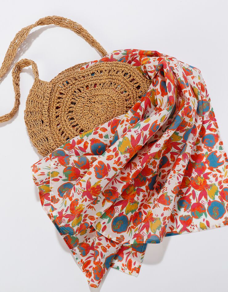 Foulard style chèche fabriqué en France imprimé printanier, 160 x 70 cm - coton (écru / corail) Foulard style chèche fabriqué en France imprimé printanier, 160 x 70 cm - coton (écru / corail)
