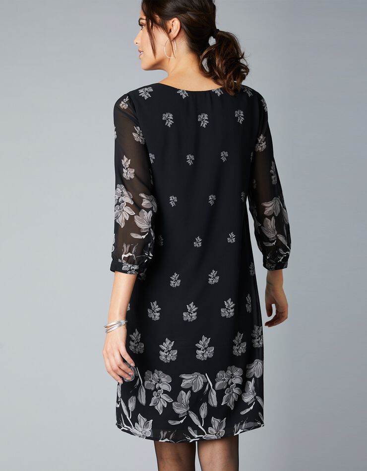 Robe en voile imprimé, manches 3/4 (noir / gris) Robe en voile imprimé, manches 3/4 (noir / gris)