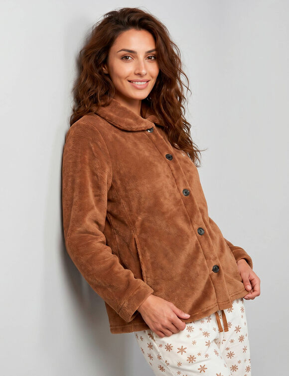 Veste polaire brod&eacute;e, col Claudine (caramel)