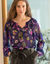 Blouse froncée en voile imprimé, manches amples (bleu encre)