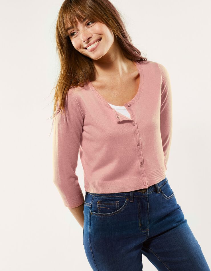 Gilet boléro boutonné toucher cachemire (rose grisé) Gilet boléro boutonné toucher cachemire (rose grisé)