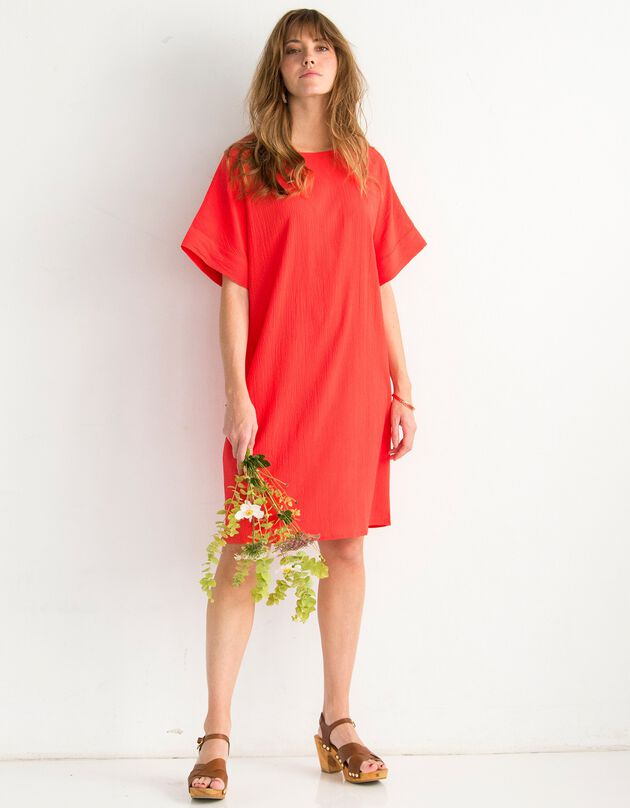 Robe forme housse unie manches courtes tissu texturé (orange)