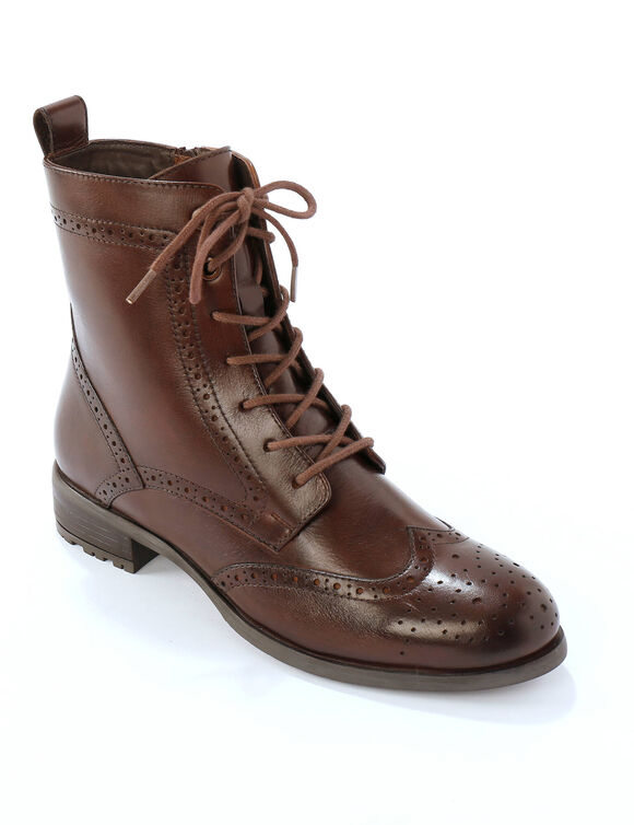 Bottines montantes doubl&eacute;es &agrave; lacets en cuir fleuri (chocolat)