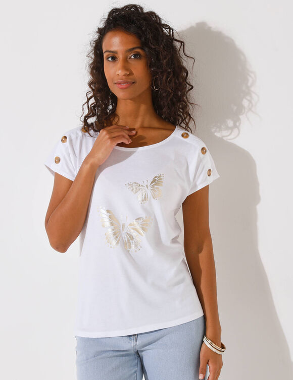T-shirt col rond imprimé papillon doré (blanc)
