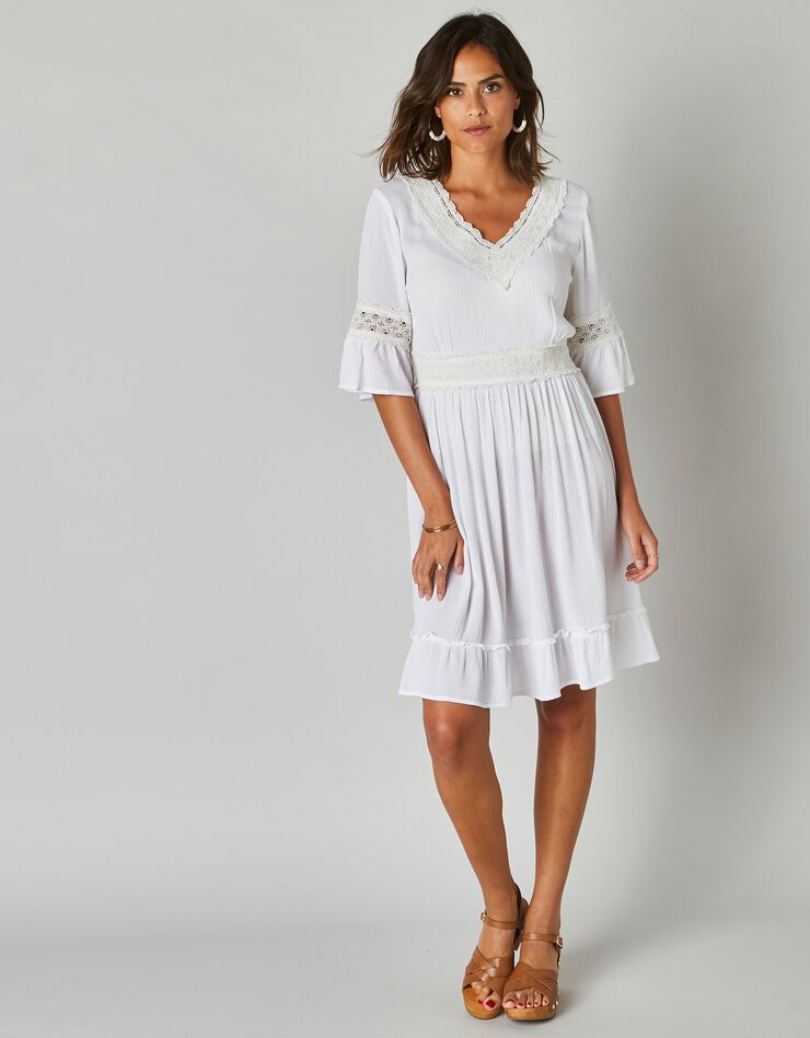 Robe courte macramé unie, crépon (écru)