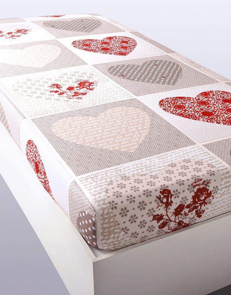 Linge de lit Lovely en flanelle imprimé coeurs  (taupe / rouge)
