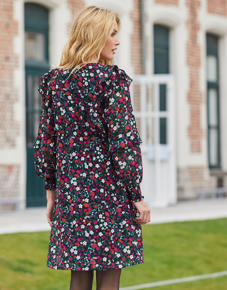 Robe imprimée détails volantés, voile (noir / fuchsia) Robe imprimée détails volantés, voile (noir / fuchsia)