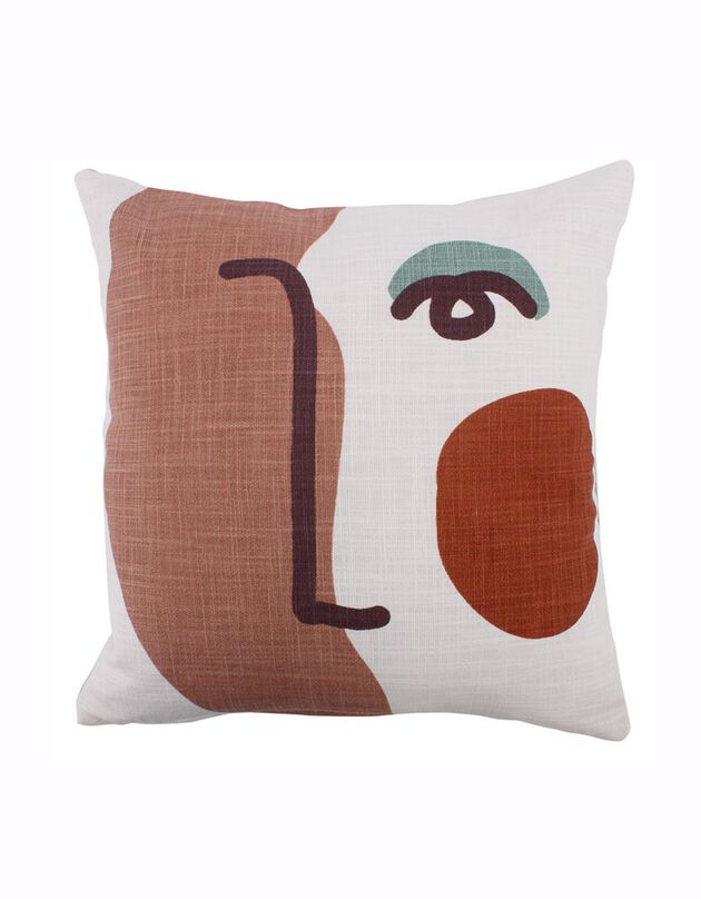 Coussin illustration visage (blanc / terracotta)