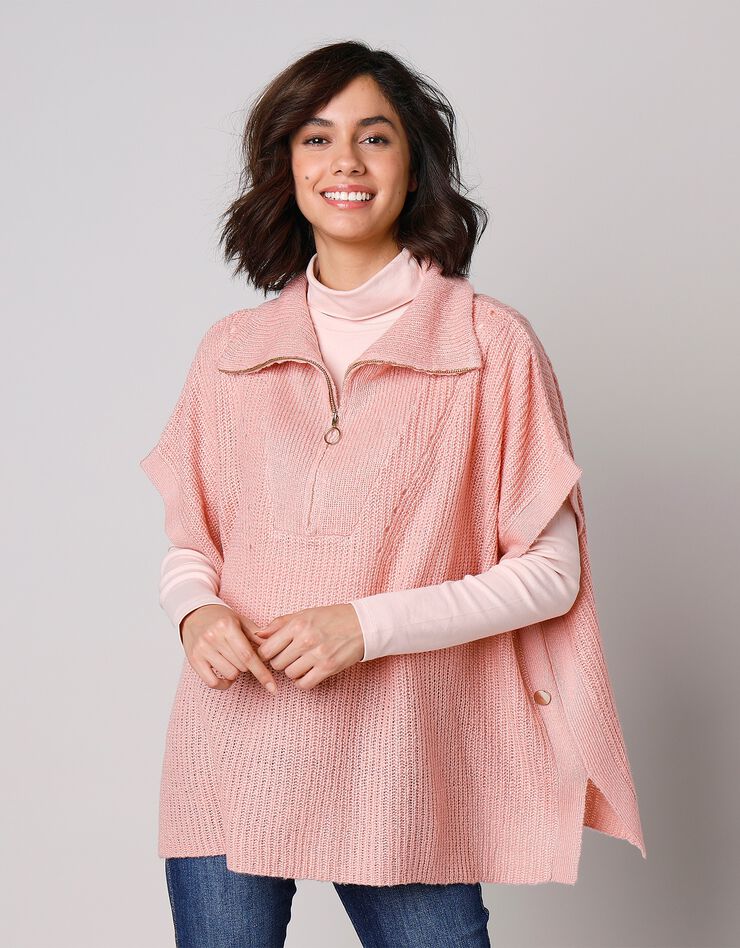 Pull poncho zippé manches courtes fentes boutonnées (rose poudré) Pull poncho zippé manches courtes fentes boutonnées (rose poudré)