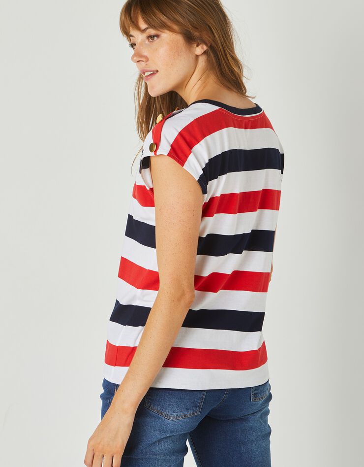 Tee-shirt épaules boutonnées rayé (blanc / bleu / rouge) Tee-shirt épaules boutonnées rayé (blanc / bleu / rouge)