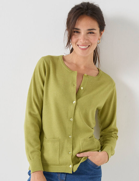 Cardigan boutonné, laine d'agneau (vert mousse)