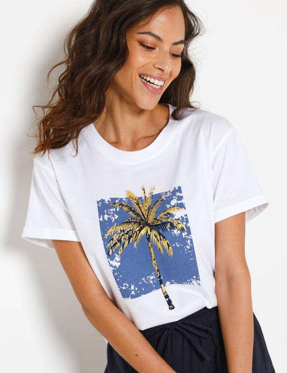 T-shirt col rond imprim&eacute; palmier, volume loose (blanc / indigo)