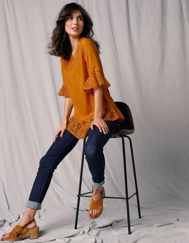 Blouse manches aux coudes dentelle et microfibre (ocre) Blouse manches aux coudes dentelle et microfibre (ocre)