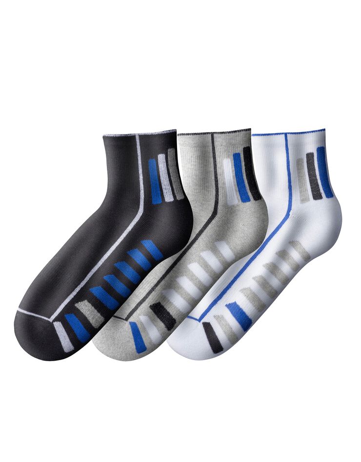 Chaussettes Quarter sport fantaisie - lot de 3 paires (gris + blanc + noir)