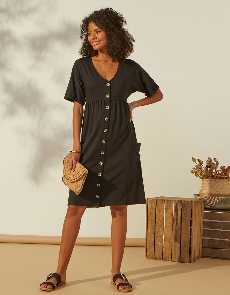 Robe boutonnée à poches, col V (noir) Robe boutonnée à poches, col V (noir)