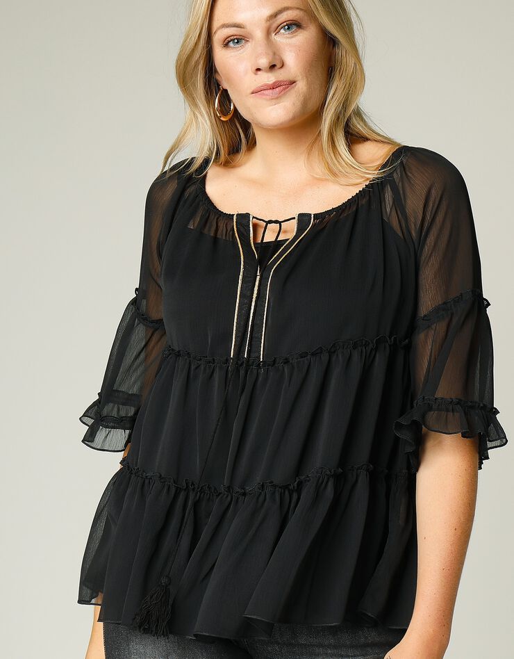 Blouse volantée voile unie détails dorés (noir) Blouse volantée voile unie détails dorés (noir)
