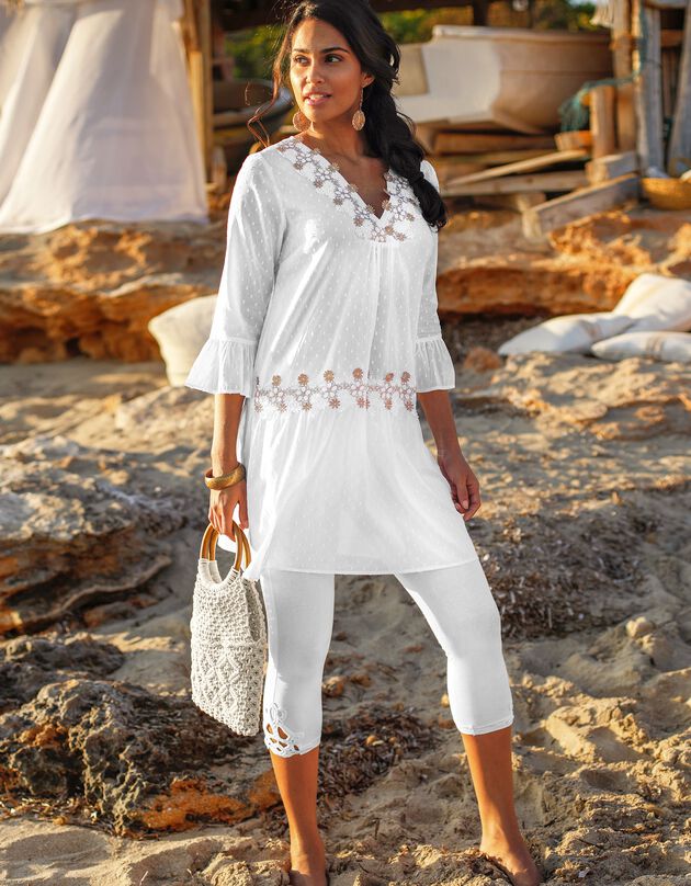 Legging 3/4 macramé, taille élastiquée (blanc)