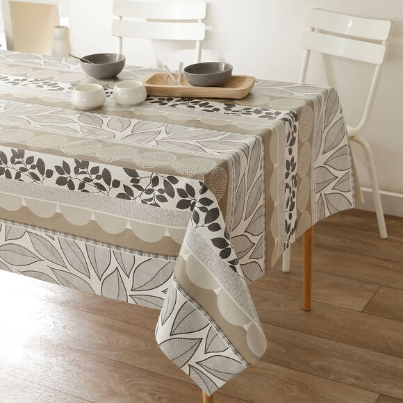 Nappe toile cirée imprimé feuilles et chemin de table (taupe / blanc)