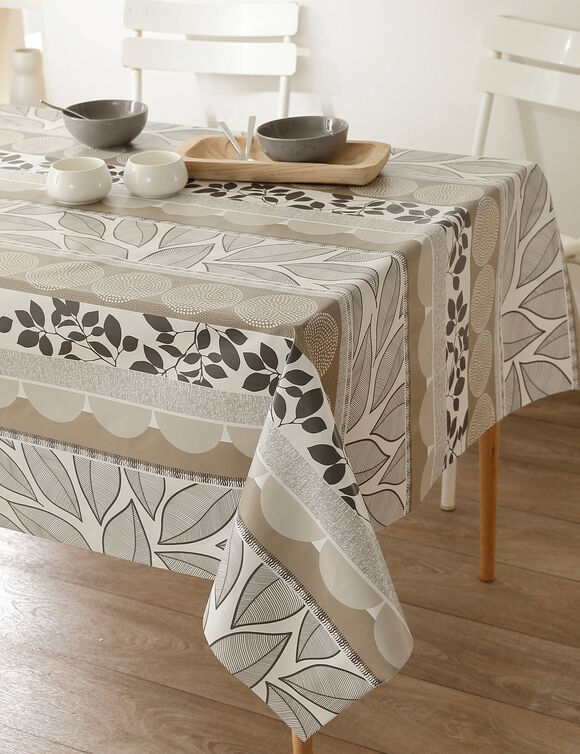 Nappe toile cirée imprimé feuilles et chemin de table (taupe / blanc)