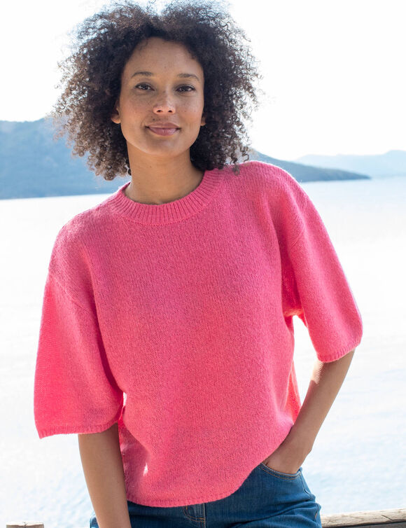 Pull loose manches coudes, laine et mohair mélangés (rose)