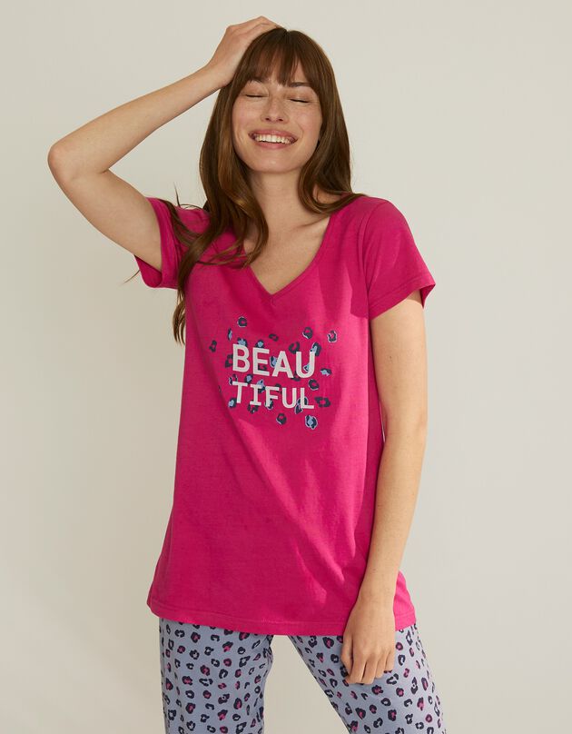 Tee-shirt manches courtes coton uni imprimé placé "Beautiful"  (fuchsia)