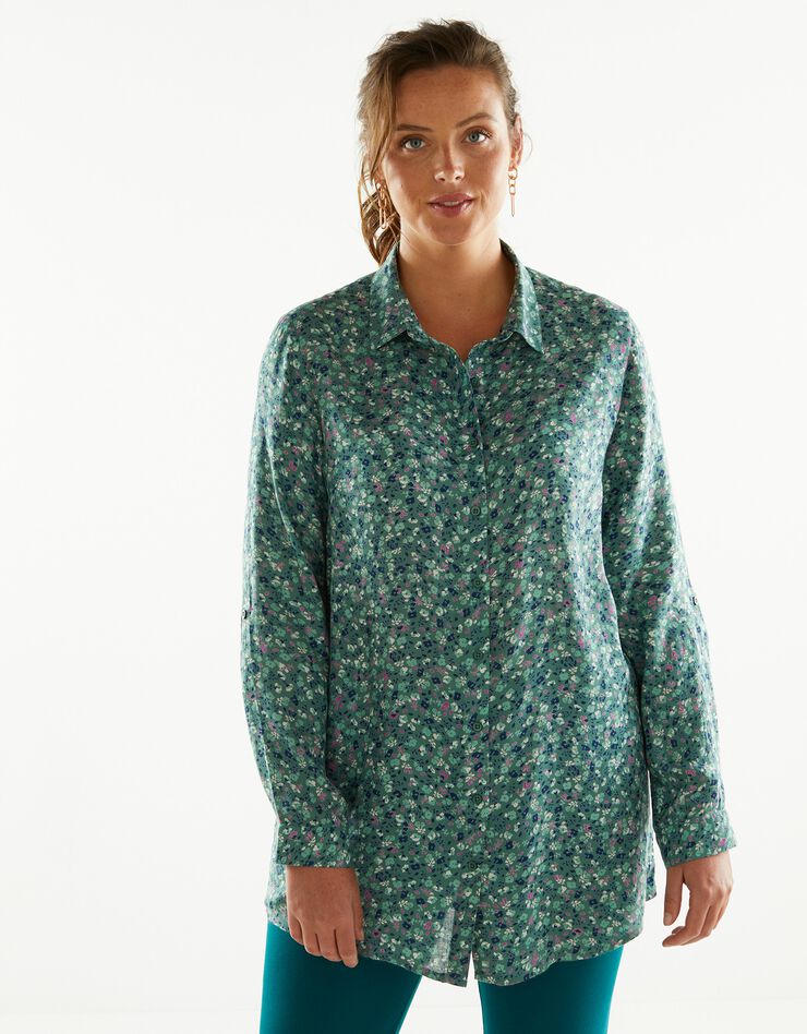 Chemise liquette boutonnée imprimé fleuri, crêpe (vert / violine) Chemise liquette boutonnée imprimé fleuri, crêpe (vert / violine)