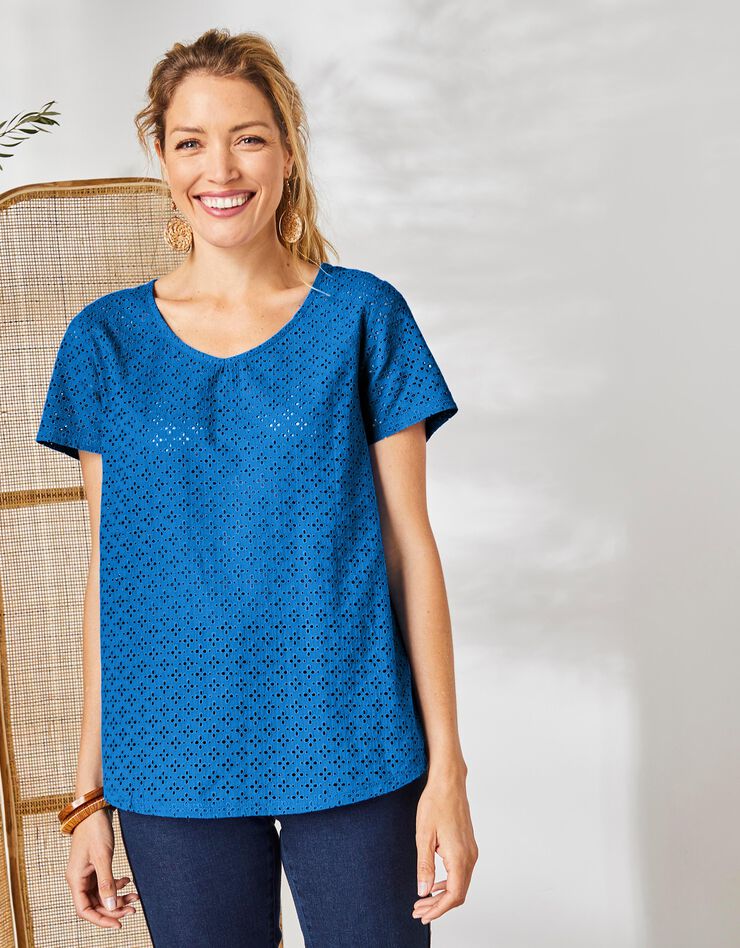 Tee-shirt col V, broderie anglaise (bleu)