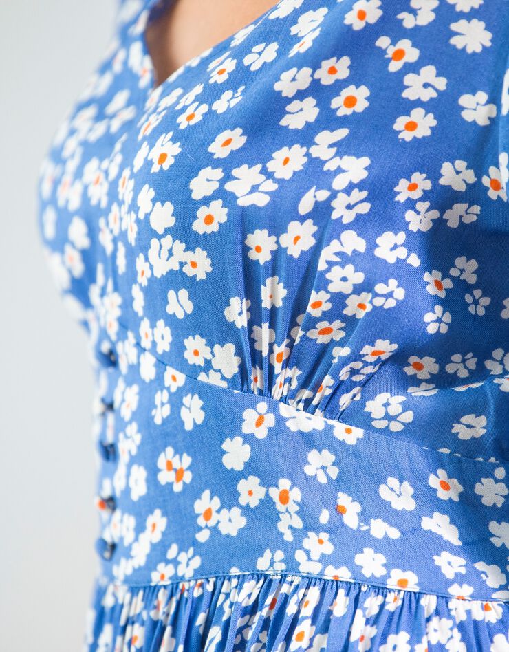 Robe imprimée col V base évasée (bleu / écru)
