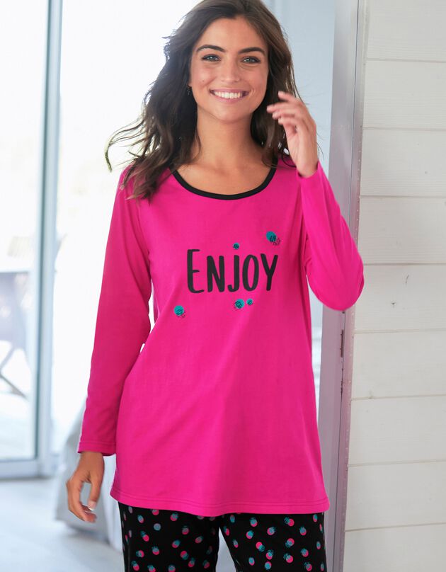 Tee-shirt manches longues coton uni imprimé placé "Enjoy"  (fuchsia)
